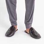 Men's Crocodile Embossed Leather Slippers // Fur // Black (US: 12)
