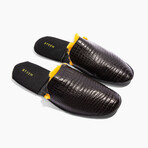 Women's Crocodile Embossed Leather Slippers // Fur // Black (US: 11)