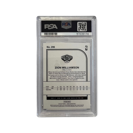 Zion Williamson // 2019 Panini NBA Hoops // Rookie Card // PSA 10 Gem Mint