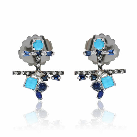 New World Sterling Silver + Blue Sapphire + Turquoise + Quartz + Mother of Pearl Stud Earrings // Store Display