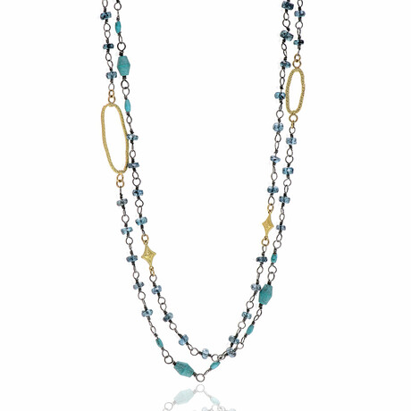 Old World 18K Yellow Gold + Sterling Silver + Turquoise + Kyanite Necklace // 36"-40" // Store Display