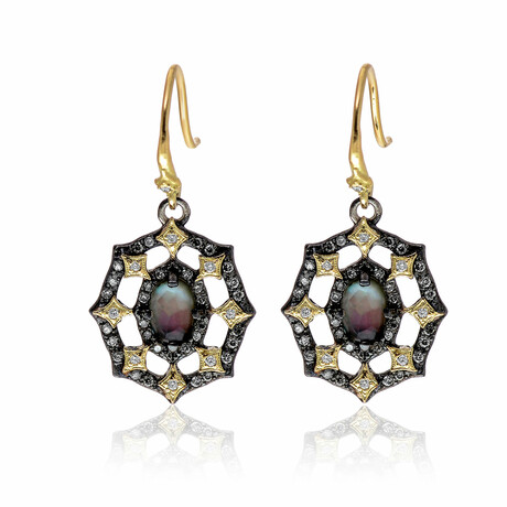 Old World 18K Yellow Gold + Sterling Silver Diamond + Mother of Pearl + Foil + White Quartz Triplet Drop Earrings // Store Display