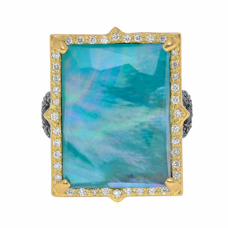 Old World 18K Yellow Gold + Sterling Silver Diamond + Peruvian Opal + Mother of Pearl + Quartz + Blue-Green Tourmaline Ring // Ring Size: 7 // Store Display