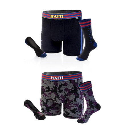 Haiti Boxer Briefs + Matching Crew Socks + No-Show Socks Pack // Pack of 2 // Black + Camo (Large)