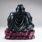 Genuine Hand Carved Black Jade Buddha on Wooden Display Stand