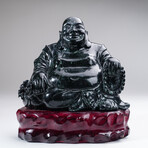 Genuine Hand Carved Black Jade Buddha on Wooden Display Stand