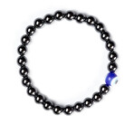 Jean Claude Jewelry // 8mm Hematite Beads + Evil Eye Glass Bead Stretch Bracelet // Silver + Blue
