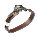 Jean Claude Jewelry // Wide Stitched Leather + Stainless Steel Lucky Raven Head Bracelet // Brown + Silver