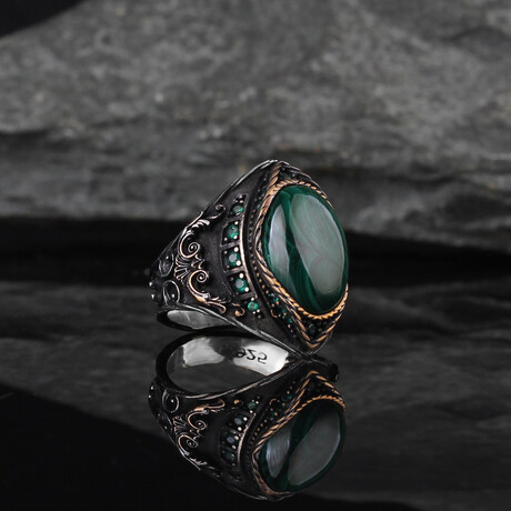 Green Gemstone Ring // Green + Black + Silver (5.5)