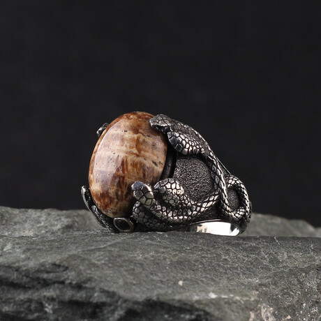 Natural Wood Jasper Ring // Brown + Black + Silver (5.5)