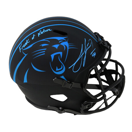 Julius Peppers // Carolina Panthers // Signed Eclipse Black Matte Riddell Full Size Speed Replica Helmet w/ "Freak of Nature" Inscription