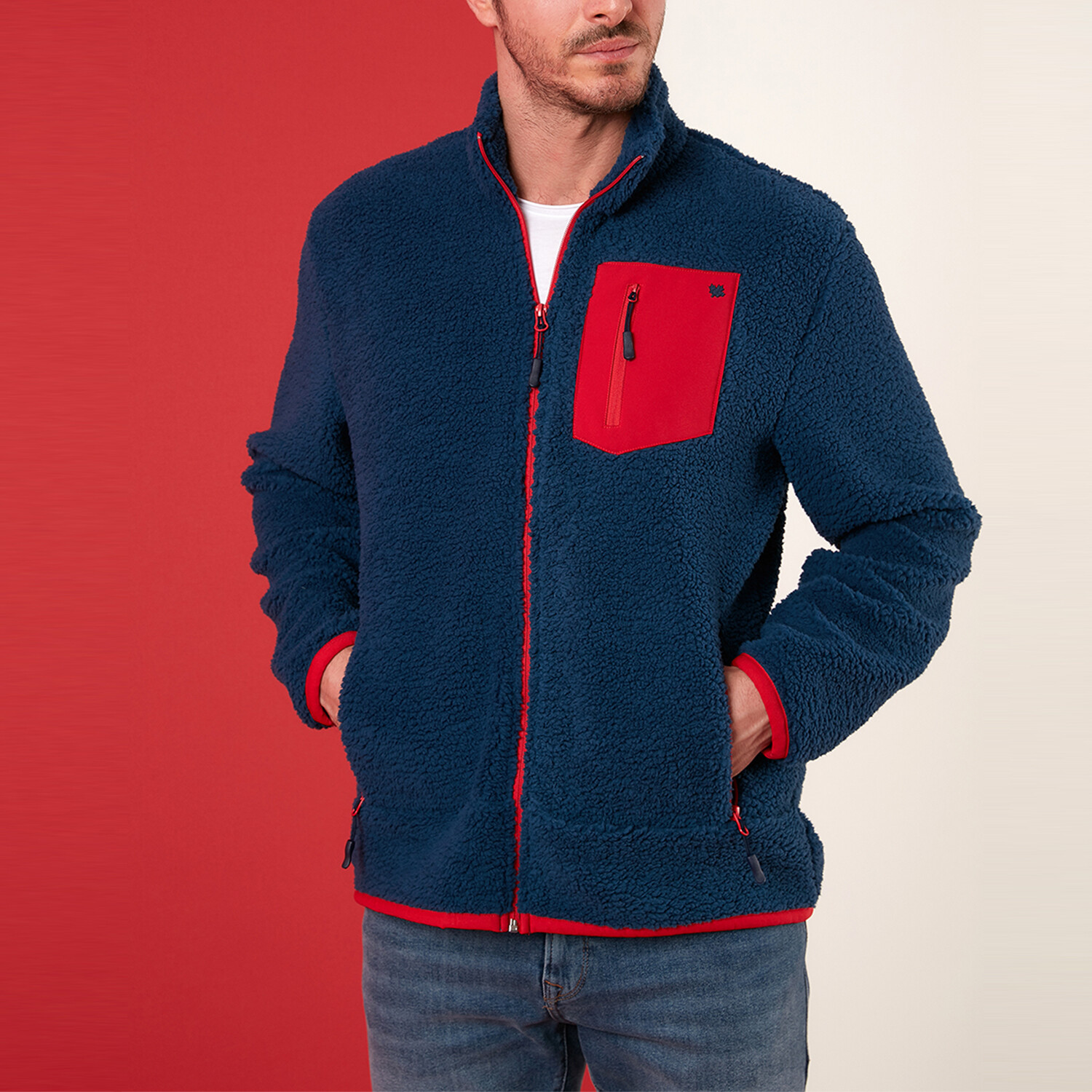 Men's Zip-Up Color Splash Polar Fleece Jacket // Navy + Red (XL ...