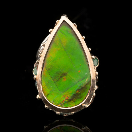 Teardrop Ammolite, Emerald, and Yellow Sapphire Ring // Size 7