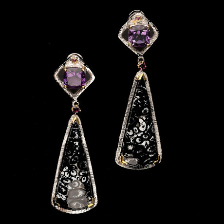 Palm Root, Amethyst, and Rhodolite Earrings