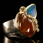 Hessonite Garnet, Doublet Opal, and Sapphire Ring // Size 7