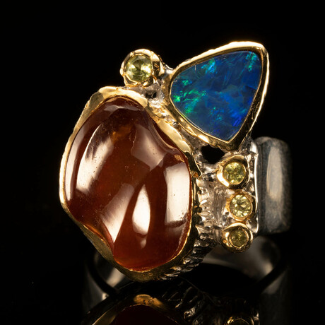 Hessonite Garnet, Doublet Opal, and Sapphire Ring // Size 7