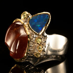 Hessonite Garnet, Doublet Opal, and Sapphire Ring // Size 7
