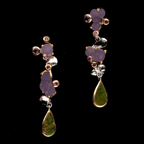 Druzy Grape Agate, Ammolite, Amethyst, and Rhodolite Earrings