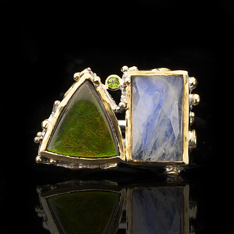 Ammolite, Spectrolite, Peridot, and Citrine Ring // Size 7