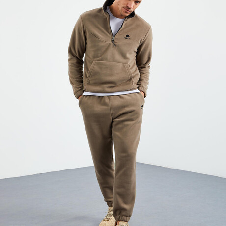 Men's Half-Zip Pullover + Jogger Polar Fleece Tracksuit Set // Camel (XL)