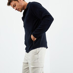 Men's Embroidered Zip-Up Collared Polar Fleece Jacket // Navy Blue (XXL)