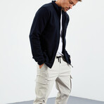 Men's Embroidered Zip-Up Collared Polar Fleece Jacket // Navy Blue (XXL)