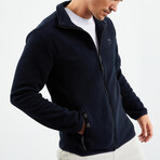Men's Embroidered Zip-Up Collared Polar Fleece Jacket // Navy Blue (XXL)