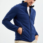 Men's Embroidered Zip-Up Collared Polar Fleece Jacket // Indigo (S)