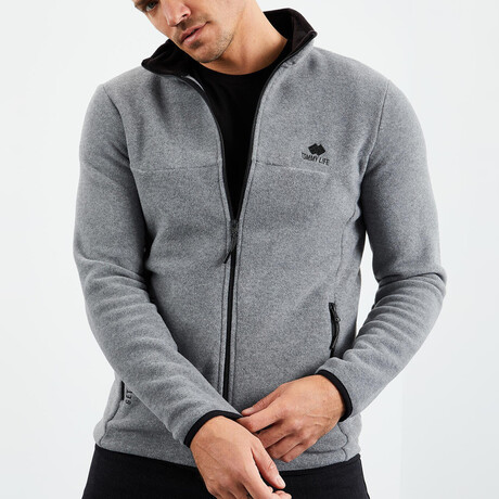 Men's Embroidered Zip-Up Collared Polar Fleece Jacket // Gray Melange (S)