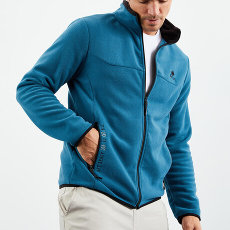 Men's Embroidered Zip-Up Collared Polar Fleece Jacket // Emerald (S)