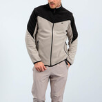 Men's Zip-Up Collared Polar Fleece Two-Tone Jacket // Dark Beige + Black (S)