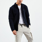 Men's Embroidered Zip-Up Collared Polar Fleece Jacket // Navy Blue (XXL)