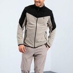 Men's Zip-Up Collared Polar Fleece Two-Tone Jacket // Dark Beige + Black (S)