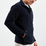 Men's Embroidered Zip-Up Collared Polar Fleece Jacket // Navy Blue (XXL)