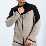 Men's Zip-Up Collared Polar Fleece Two-Tone Jacket // Dark Beige + Black (S)
