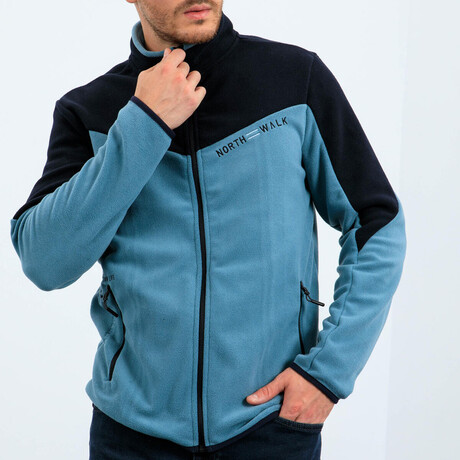 Men's Zip-Up Collared Polar Fleece Two-Tone Jacket // Mint Green + Navy Blue (S)