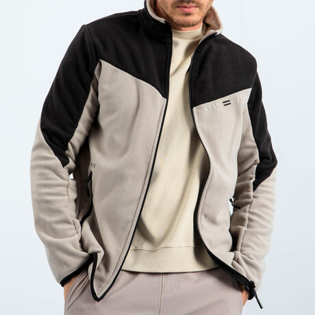 Men's Zip-Up Collared Polar Fleece Two-Tone Jacket // Dark Beige + Black (S)