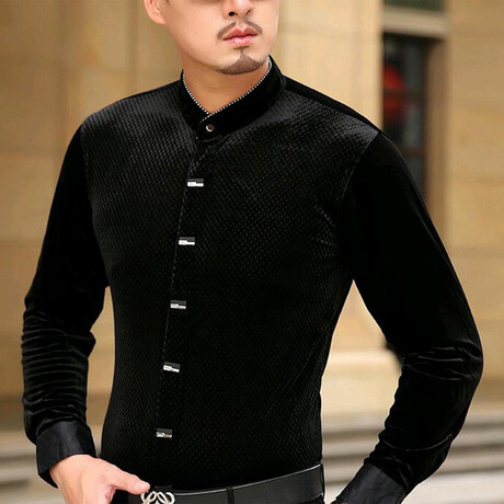 Velvet Shirt // Textured Button Up Black (S)