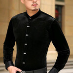 Velvet Shirt // Textured Button Up Black (L)