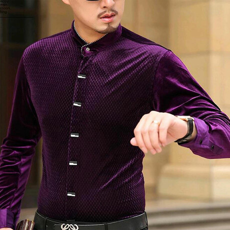 Velvet Shirt // Textured Button Up Purple (S)