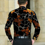 Velvet Shirt // Transparency + Black Jiraffe Pattern + Orange Flowers (XL)