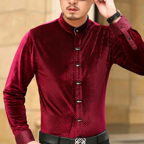 Velvet Shirt // Textured Button Up Red (S)
