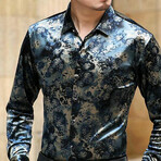Antony Celino Velvet Shirt // Blue + Tan (L)