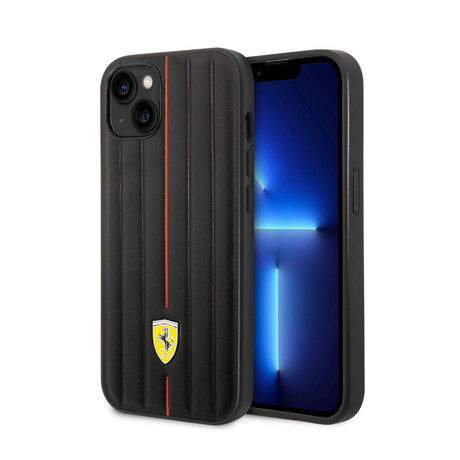 Leather Case Embossed Stripes With Yellow Shield Logo // Black (iPhone 14)