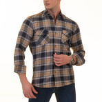 Flannel Shirts // Tan + Navy Blue + White Plaid (M)