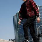 Jon Abstract Camo Print Bomber with Matching Face Mask // Red (2XL)