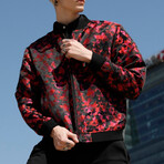 Jon Abstract Camo Print Bomber with Matching Face Mask // Red (2XL)