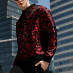 Jon Abstract Camo Print Bomber with Matching Face Mask // Red (2XL)