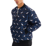 Biz Parrot Print Bomber with Matching Face Mask // Navy + White (S)
