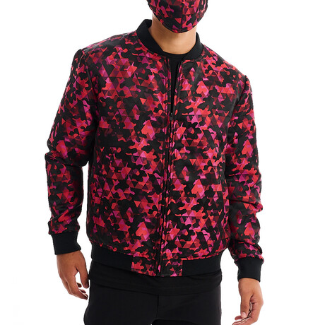 Jon Abstract Camo Print Bomber with Matching Face Mask // Red (XS)